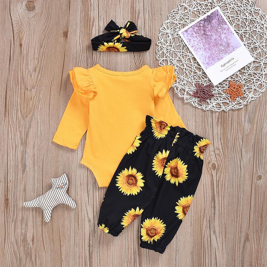 3PCS Sunflower Flutter-sleeve Bodysuit+ Pants +Headband Set