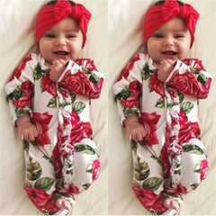Jolie combinaison pour bébé, 2 pièces, imprimé Floral, manches longues, avec bandeau