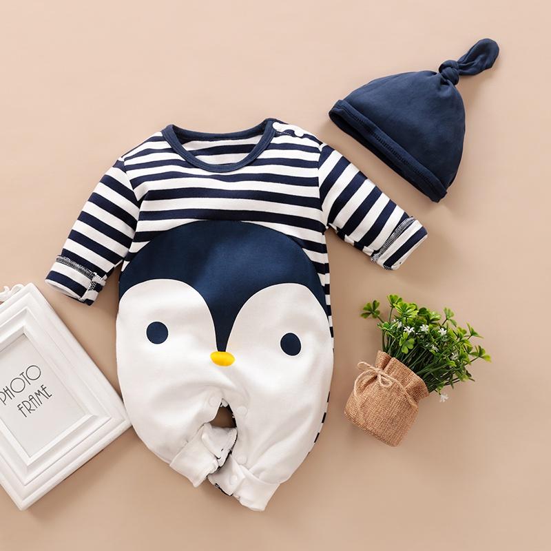 Striped Penguin Printed Jumpsuit and Hat
